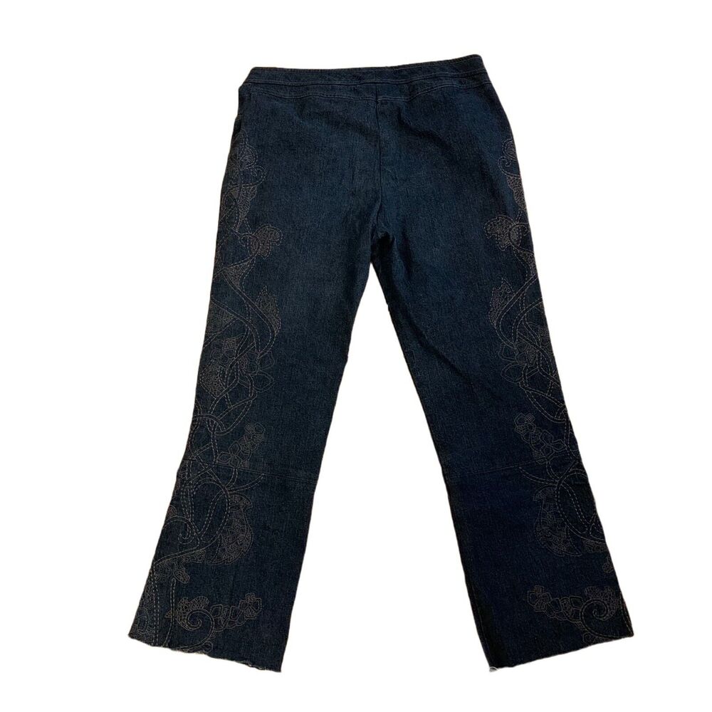 St. John Couture Jeans Sz 12 Wide Leg Raw Hem Embroidered Preppy Cropped‎ Casual
